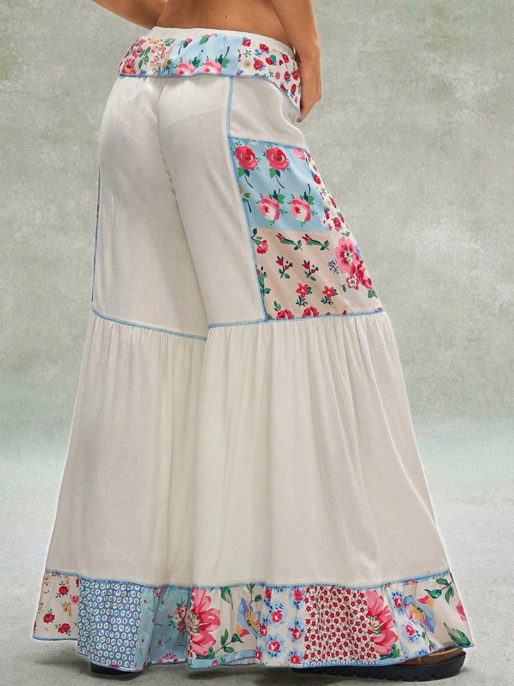 Boho Floral Print Patchwork Wide Leg Pants - Picture 3 of 6